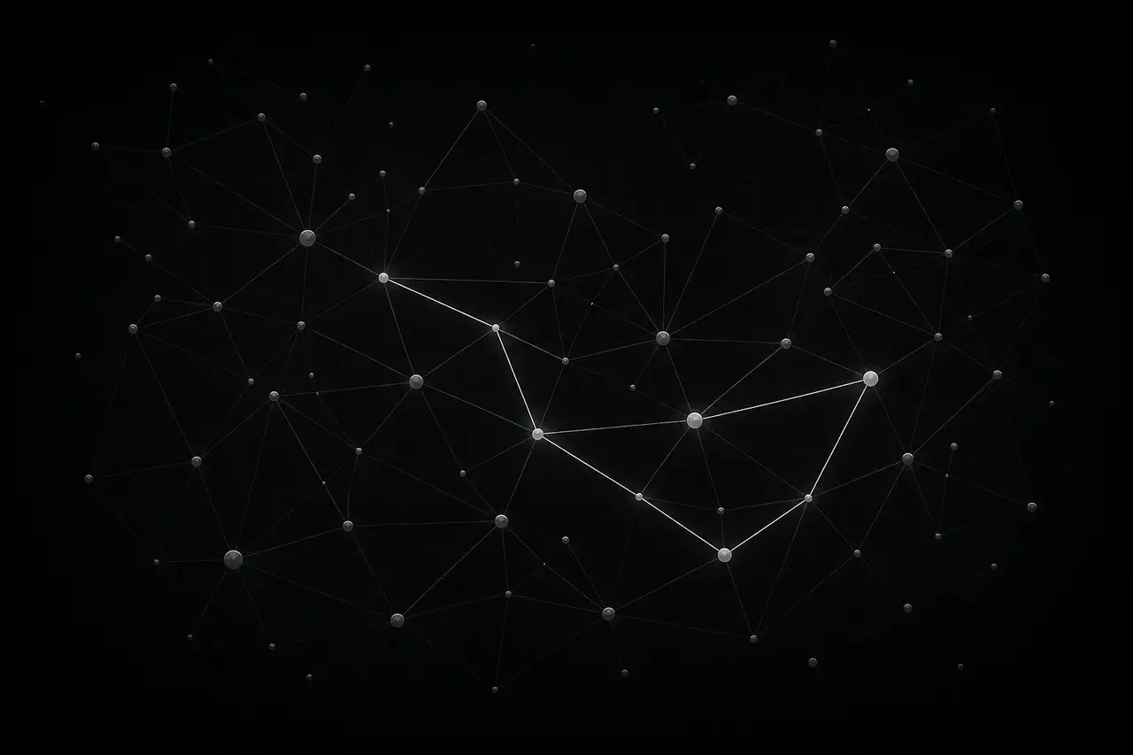 A constellation of venue nodes with one triangular routing circuit traced brighter than the rest.