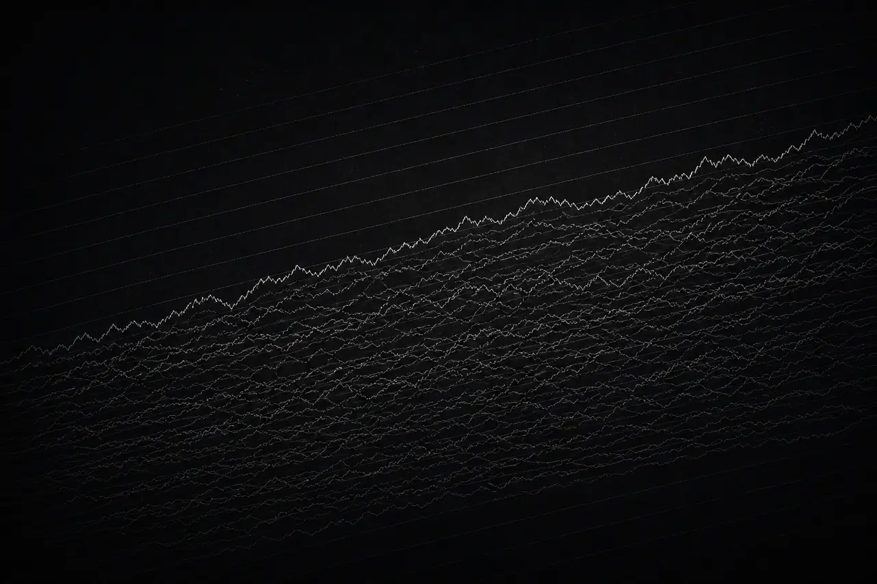 Many layered price paths drifting upward through a shallow trend channel.